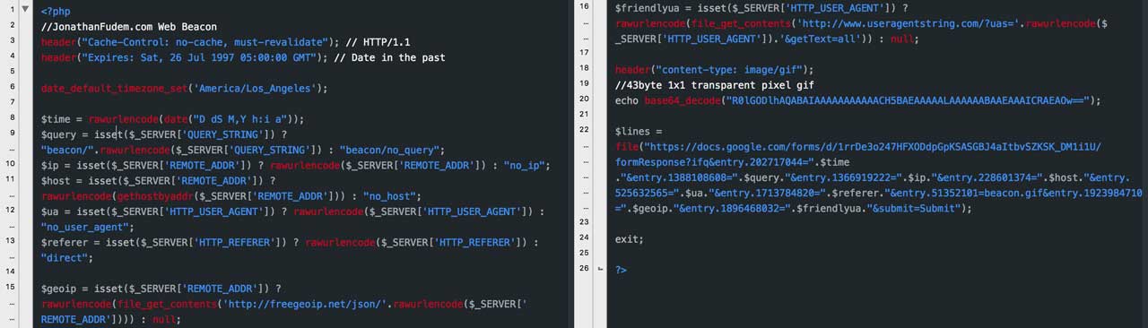 Screenshot of Web Tracking Beacon Code
